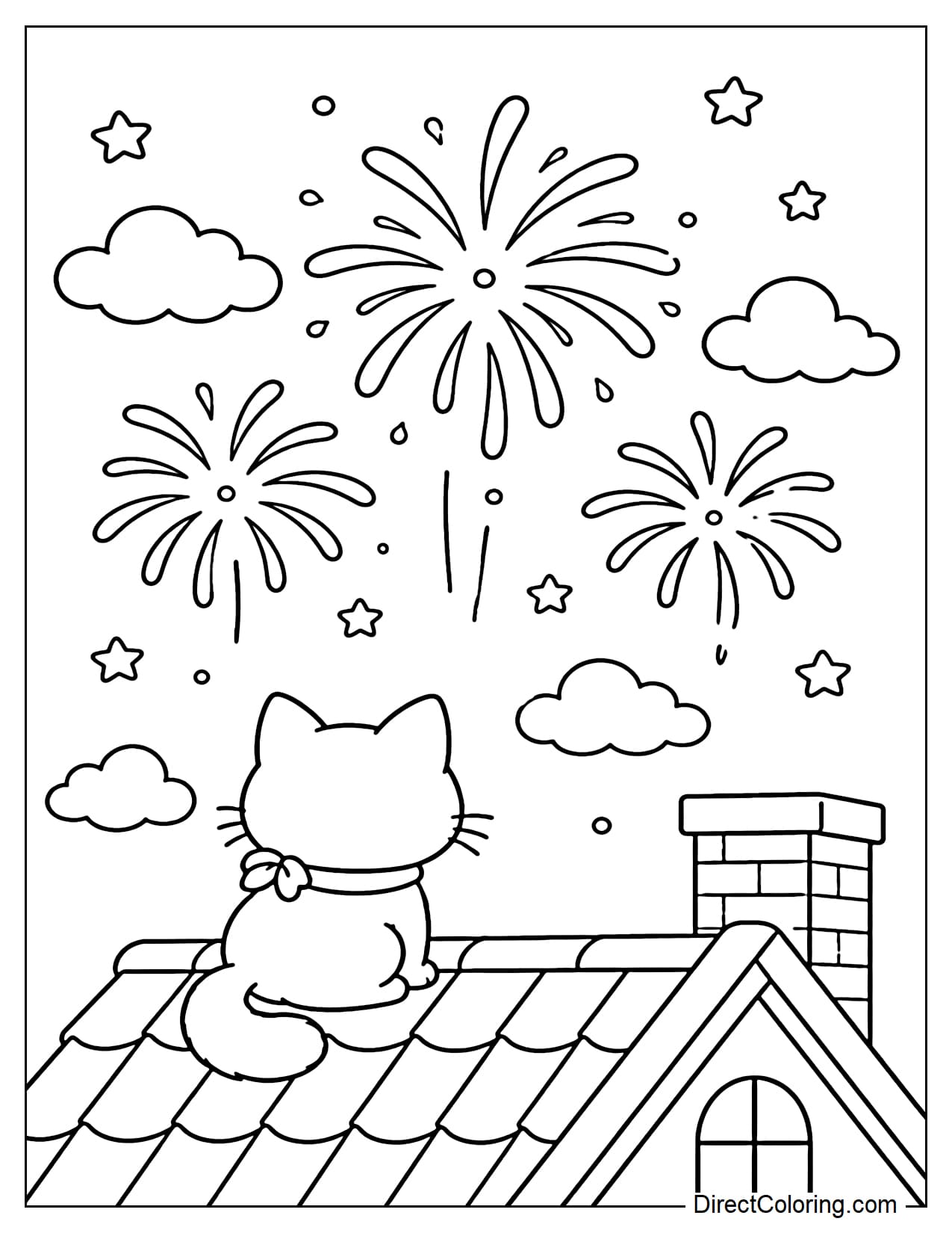 A small cat sits on a rooftop watching fireworks explode in the night sky, surrounded by stars and clouds.