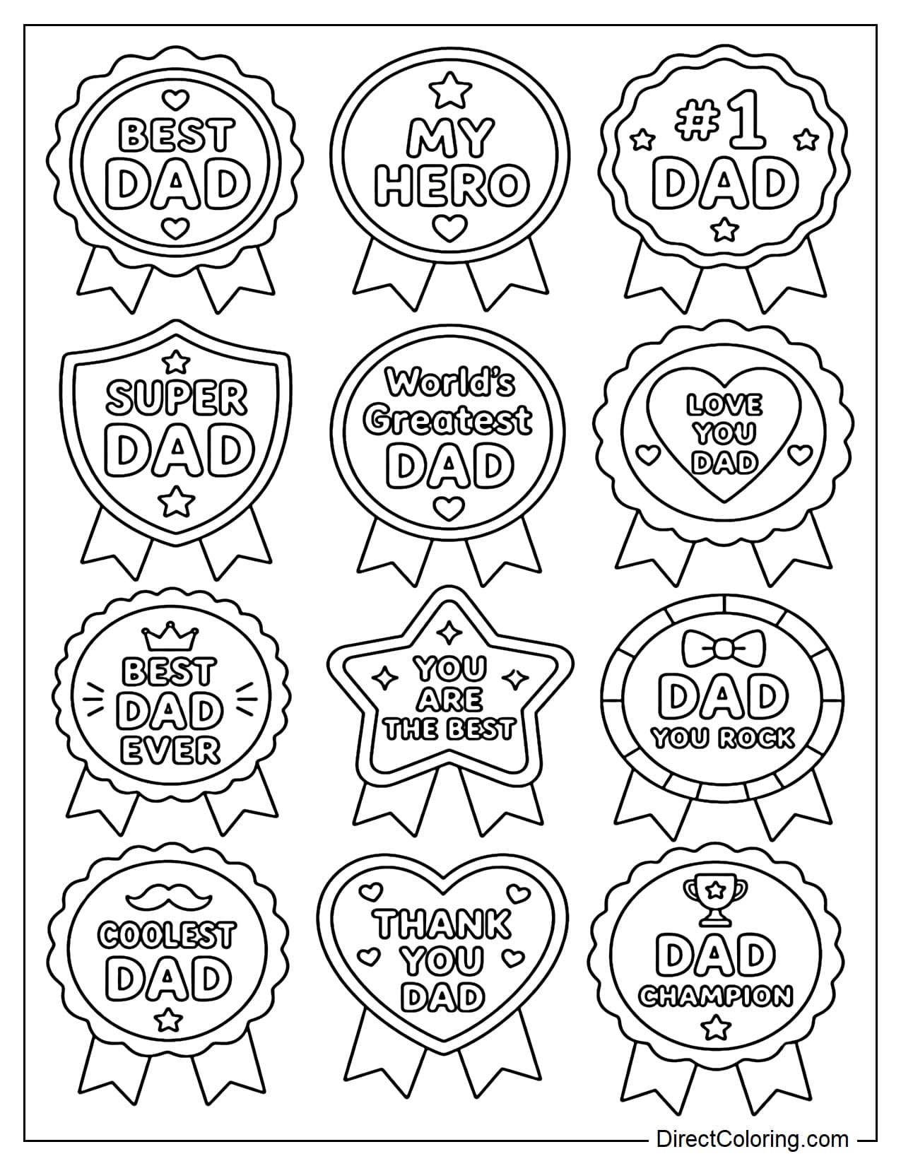 A badge board with 12 smaller badges such as Best Dad, My Hero, #1 Dad, Super Dad, Best Dad Ever, Thank you Dad, etc.