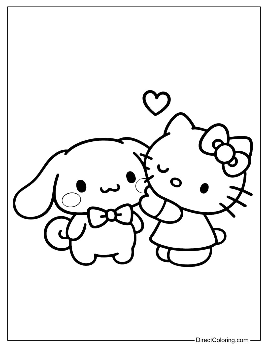 Cinnamoroll and Hello Kitty are standing next to each other, hugging affectionately, with a heart above.