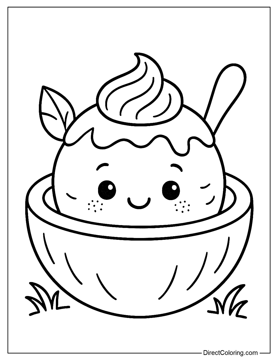 Coconut ice cream coloring page in a half coconut shell, with a small decorative spoon.