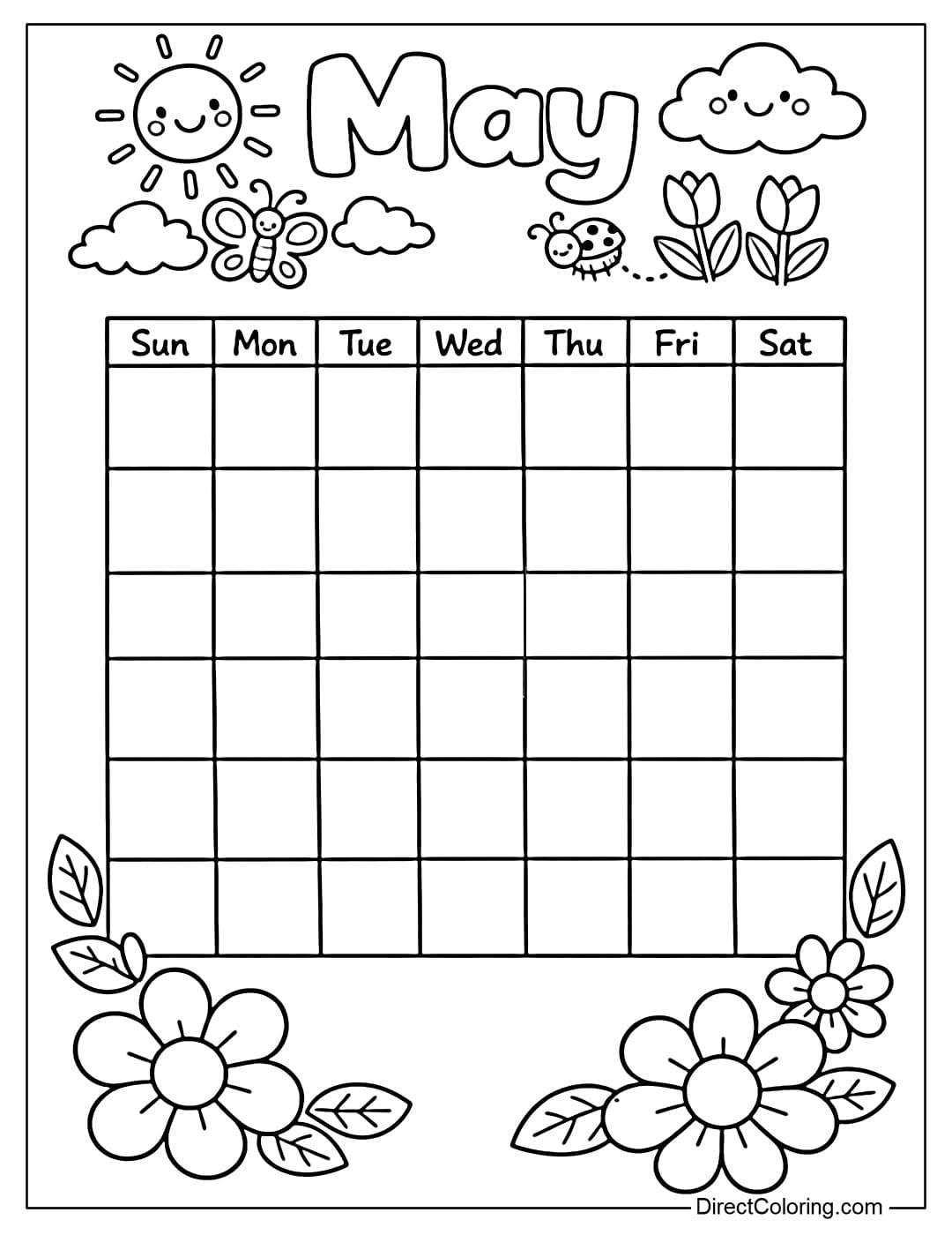 The May calendar features prominent details of May such as a large sun, small bees flying around, butterflies, and a few simple flowers.