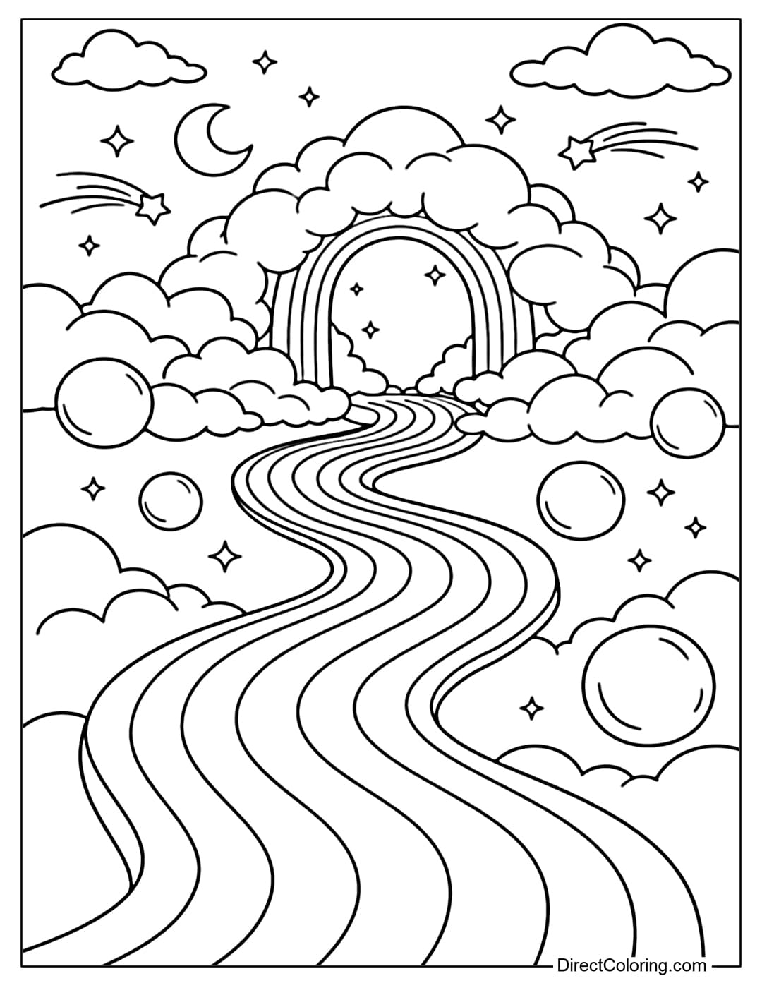 A rainbow coloring page with a winding path leading into a soft cloud gate, surrounded by flying spheres and a dreamy sky.