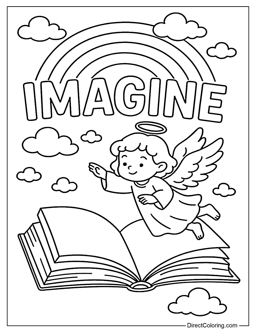 Imagine coloring page is opening from a book, flying up with a rainbow and a little angel.