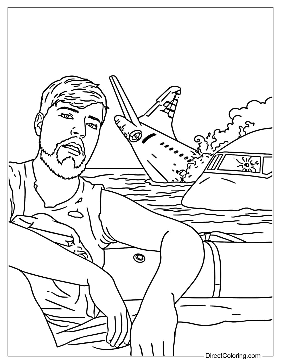 A coloring page of MrBeast with a distraught, tired expression, sitting on a small lifeboat, with a plane slowly sinking into the sea behind him.
