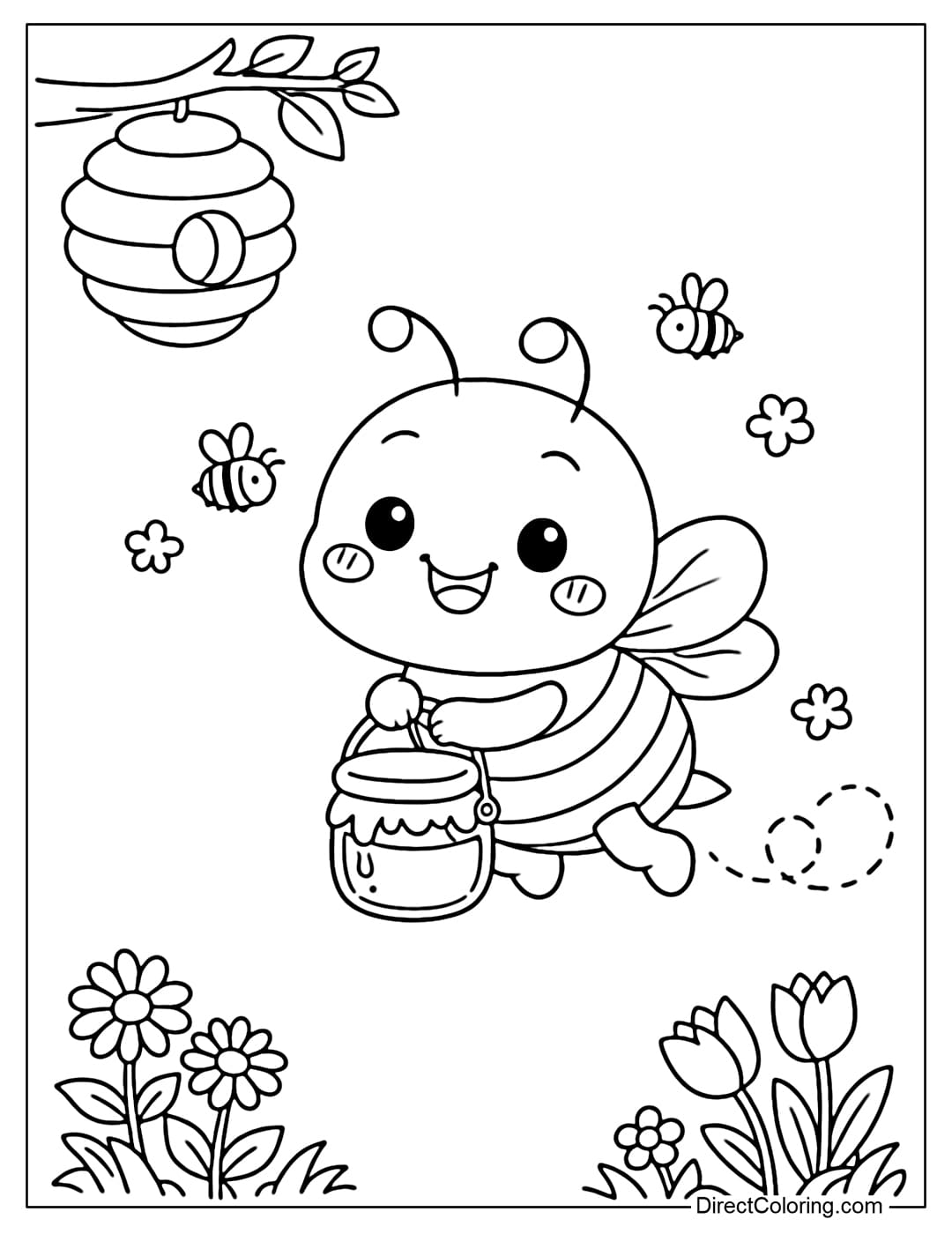 A coloring page featuring a cute bee flying home after harvesting honey, holding a small jar full of honey in its hands.
