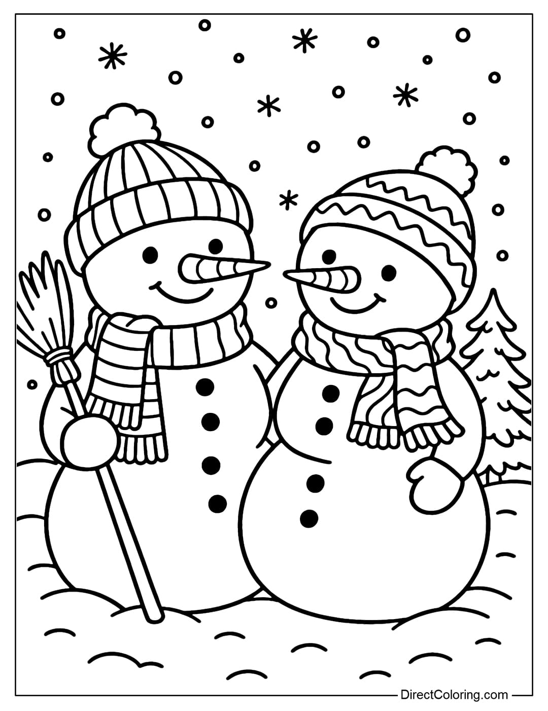 A lovely snowman coloring page in a snowy yard, two snowmen wearing colorful woolen hats and scarves, holding brooms and carrots for noses.
