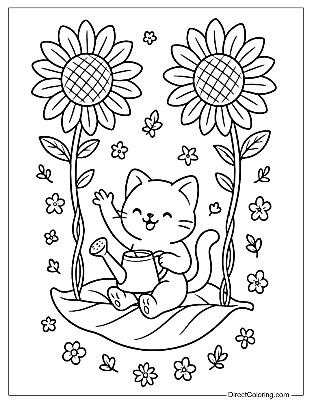 A swing coloring page hanging from a large sunflower, a cat waving its hand holding a watering can.