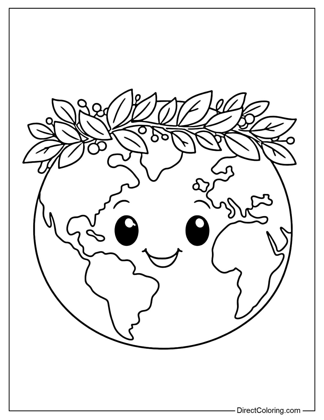 A coloring page of a large Earth wearing a crown of small leaves on its head, like a natural crown.