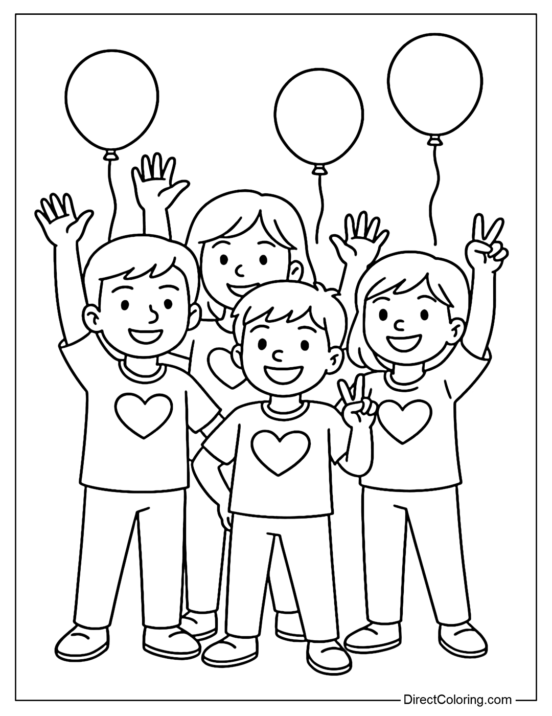 Coloring page of a group of friends wearing matching shirts with heart patterns, raising their hands in a funny pose, with a few balloons in the background.
