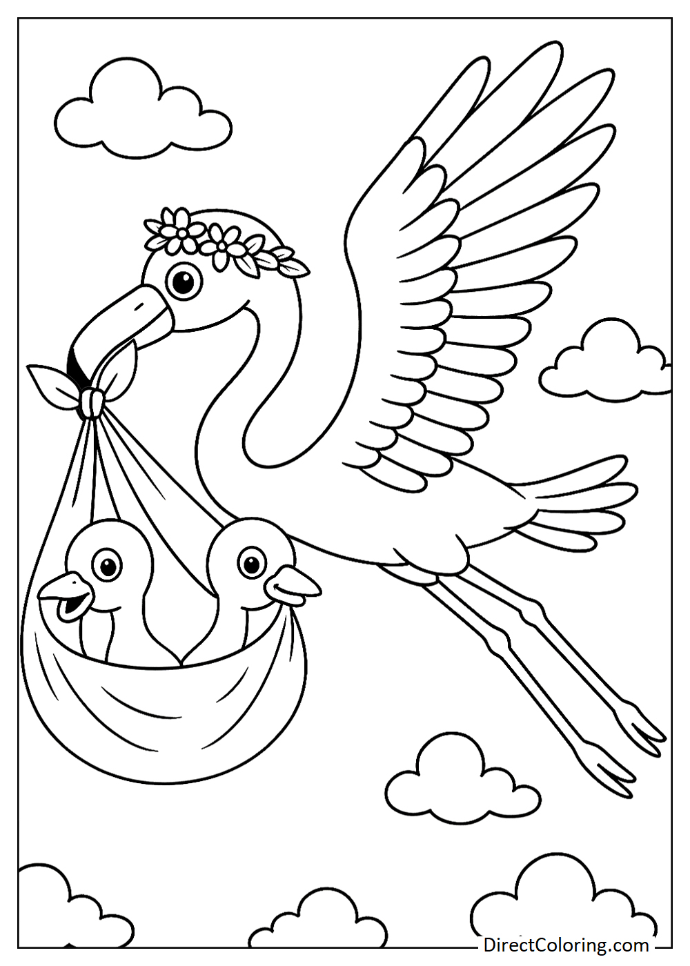 Flamingo carrying a bag with baby flamingos coloring page