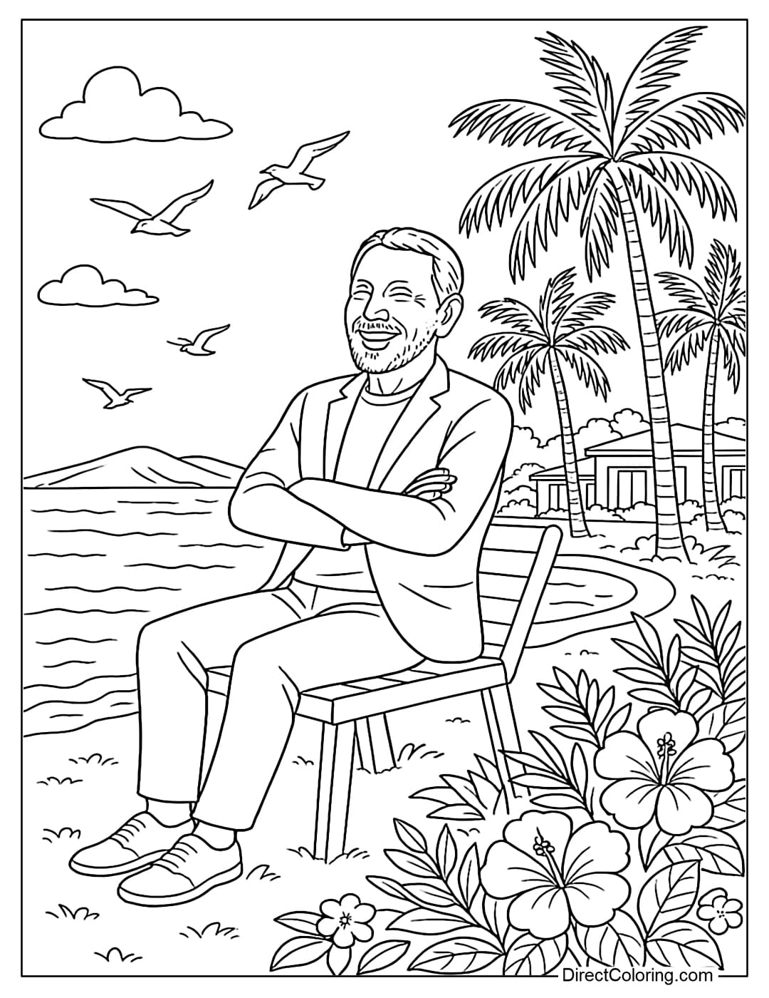 Larry Ellison at Lanai Island Retreat Coloring Page Larry Ellison Coloring Page sitting on a bench overlooking the ocean on the island of Lanai with a modern mansion hidden behind coconut trees.