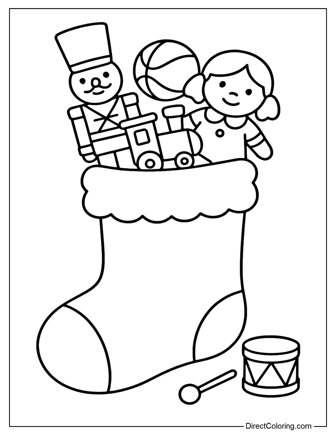 A stocking filled with little toys: wooden soldiers, a train, dolls, balls, and a cute little drum.