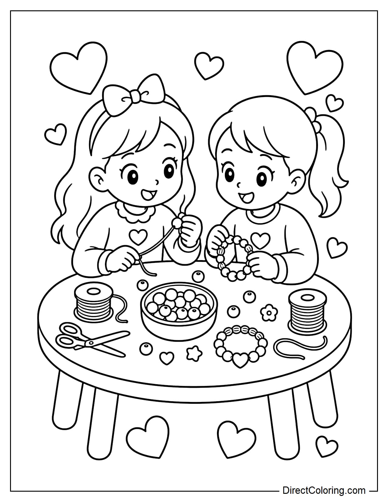 Two children sit making friendship bracelets at a small wooden table, surrounded by large beads, a roll of string, and some heart-shaped decorations.