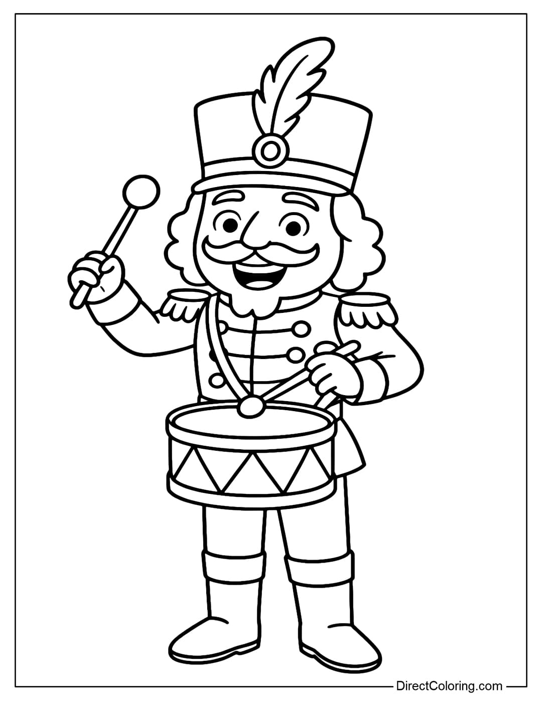 Coloring page of a Nutcracker playing the drum, cheerful expression.