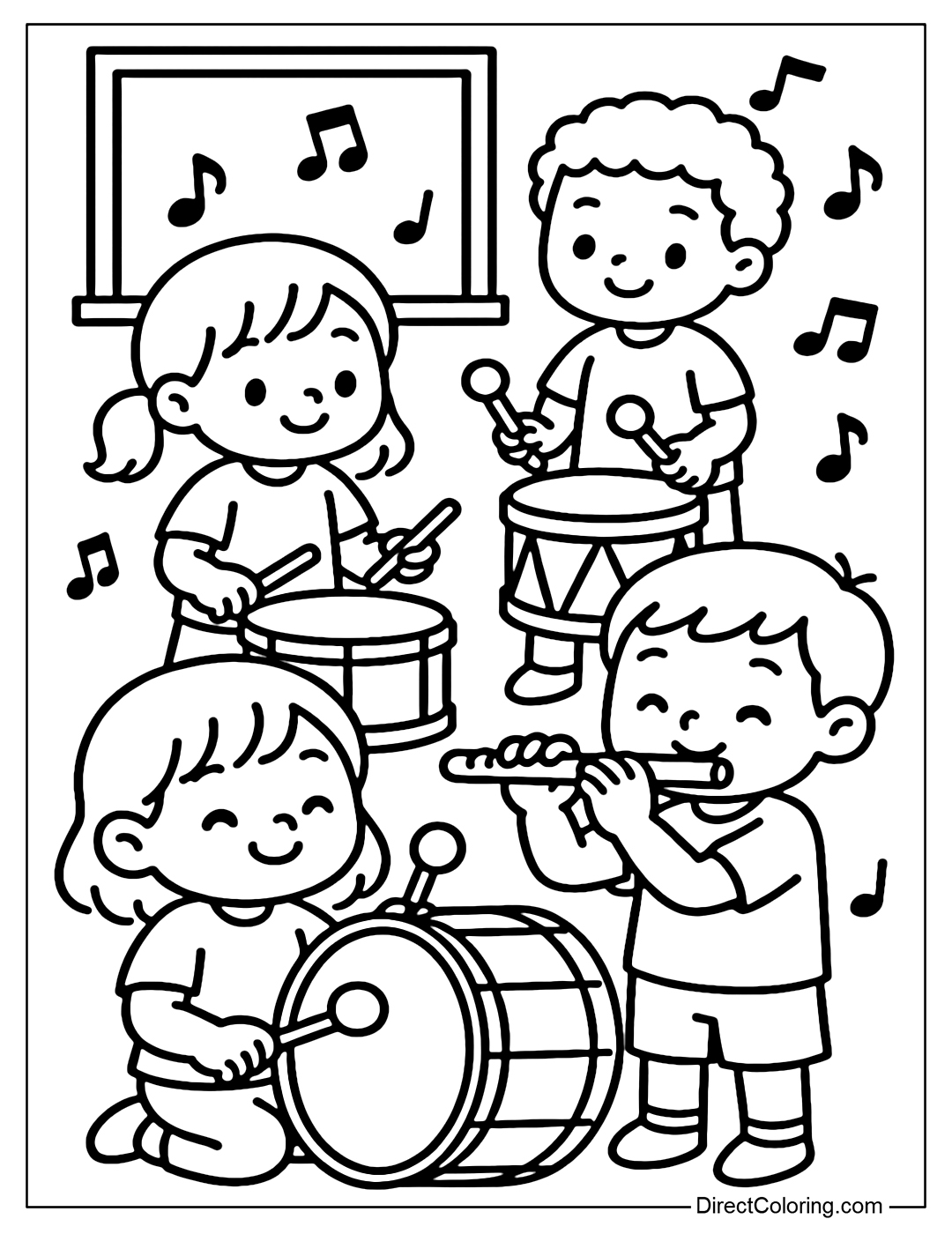A music class coloring page with kids playing drums and flutes, with notes flying around for fun.