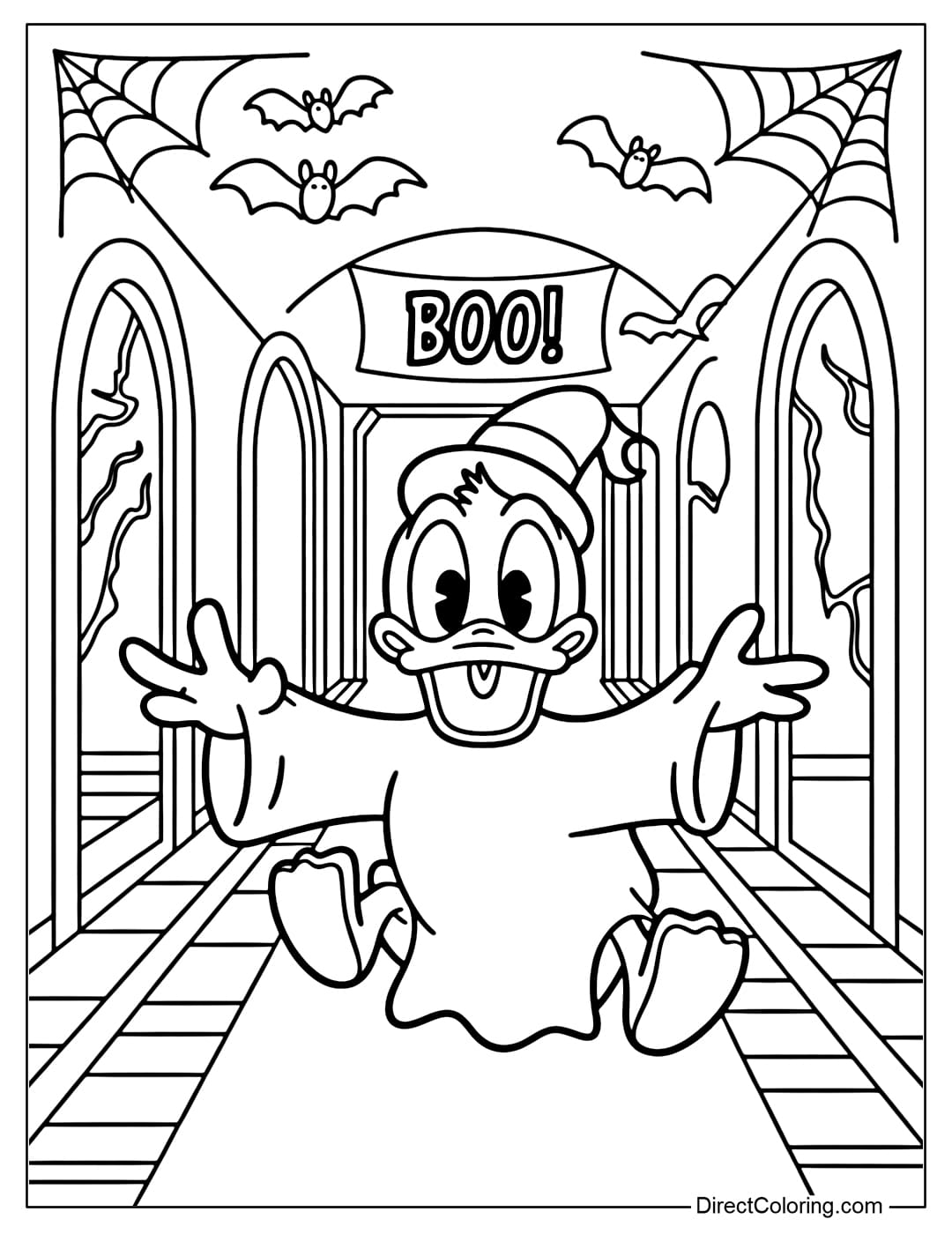 Donald Duck coloring page in ghost form, floating in the hallway of the haunted castle.