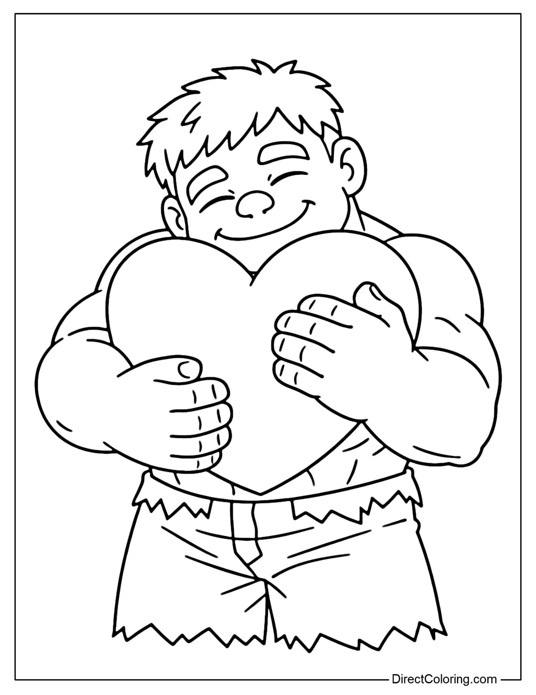 A coloring page of Hulk hugging a giant heart to his chest, creating a warm and cute feeling.