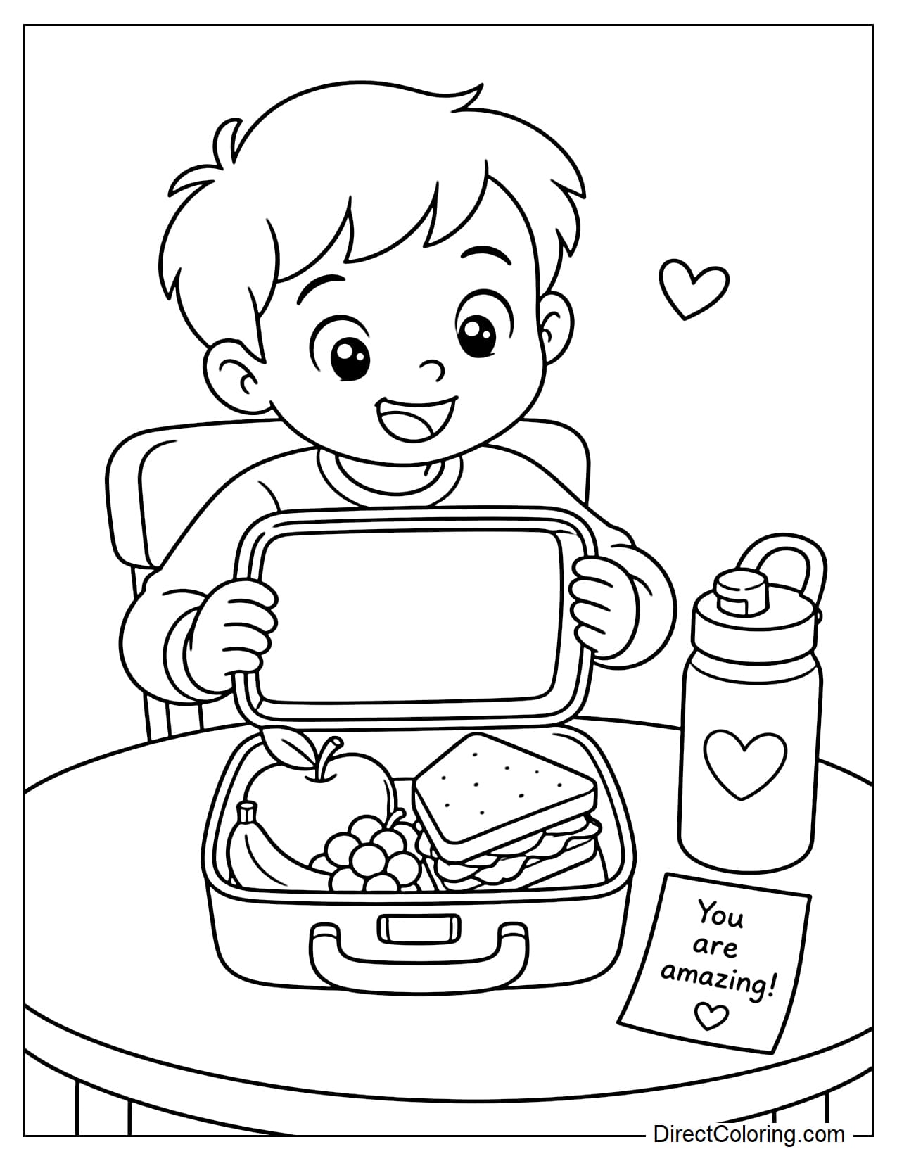 A little child sits at their table during lunchtime, happily opening their lunchbox containing fruit and a sandwich. Next to them is a water bottle and a cute little note.
