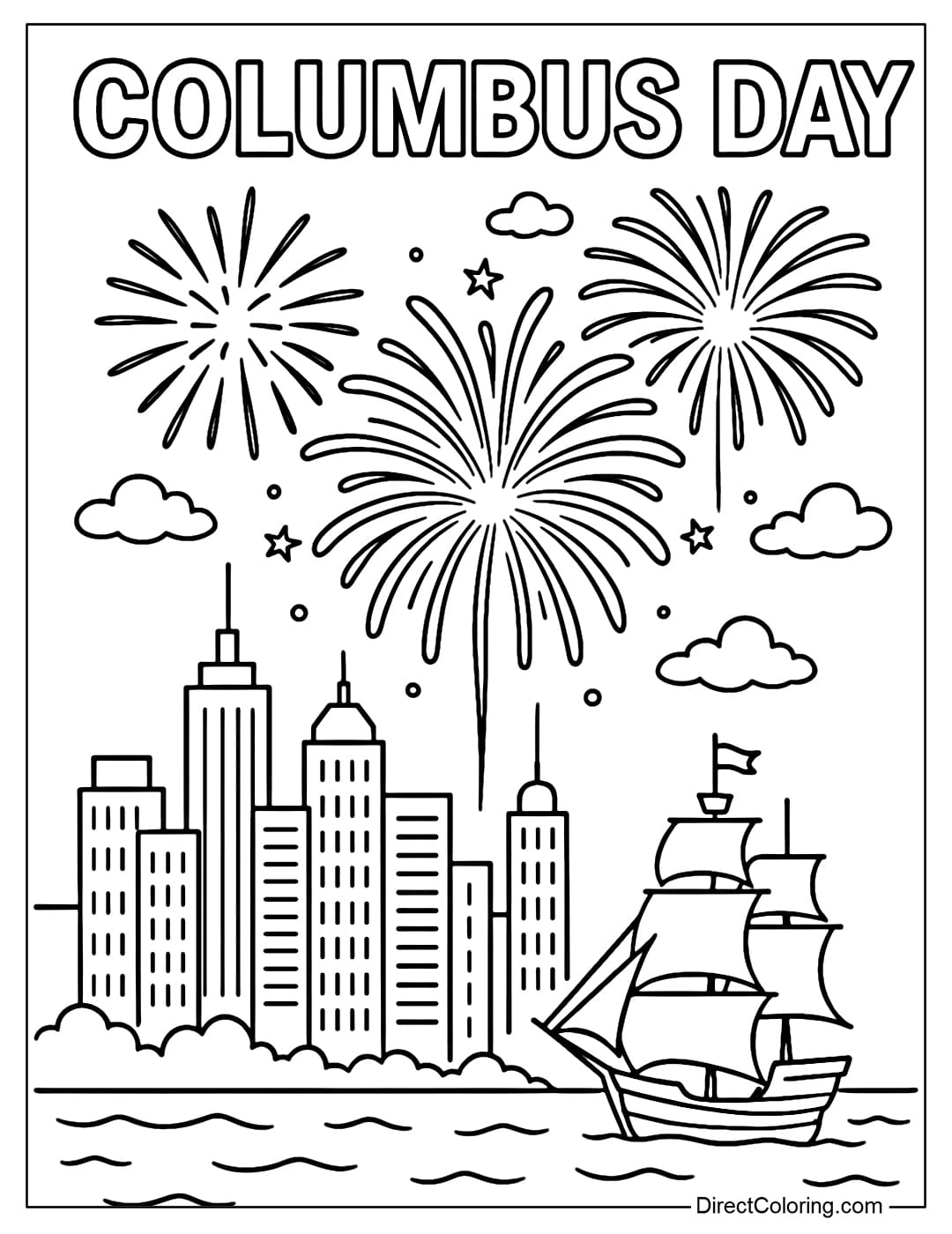 Coloring page of an American city at night, fireworks to celebrate Columbus Day, in the distance there is a silhouette of a sailing ship.