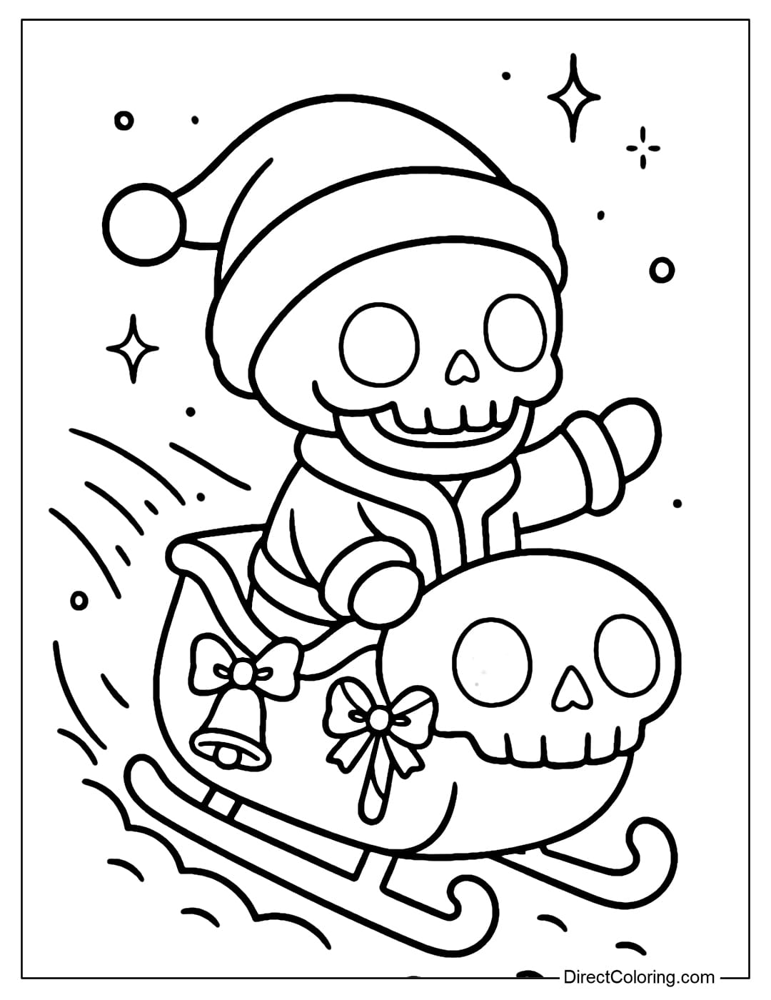 A skeleton coloring page wearing a Santa hat sitting on a skull-shaped sleigh, the body of the sleigh is hung with bells and candy canes.