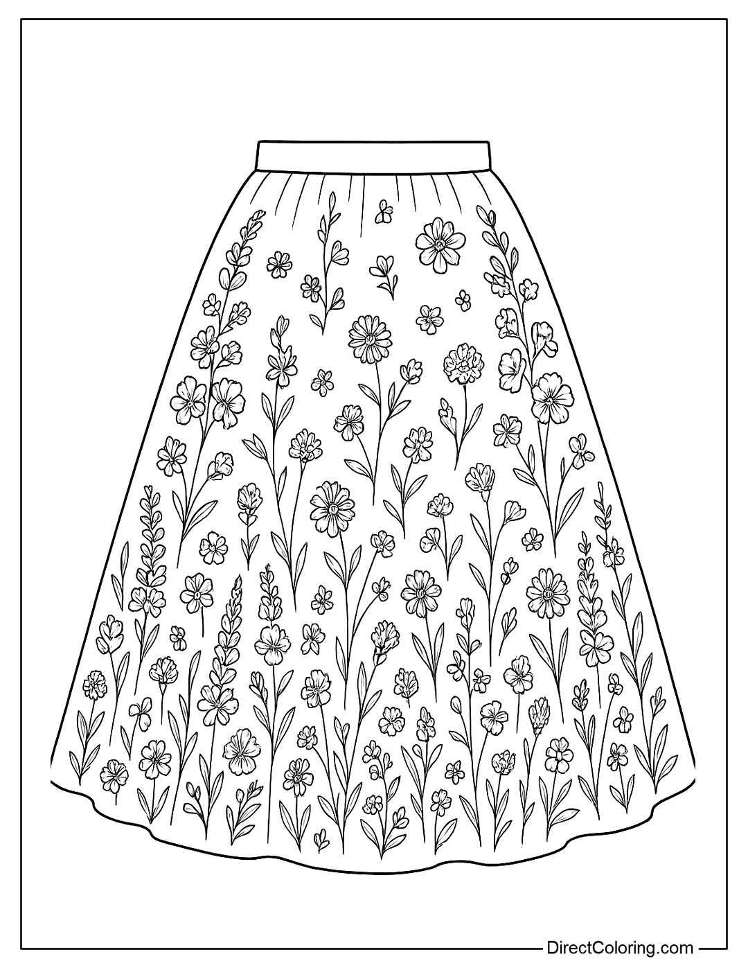 A coloring page for a flared skirt, embroidered with wildflowers such as daisies, buttercups