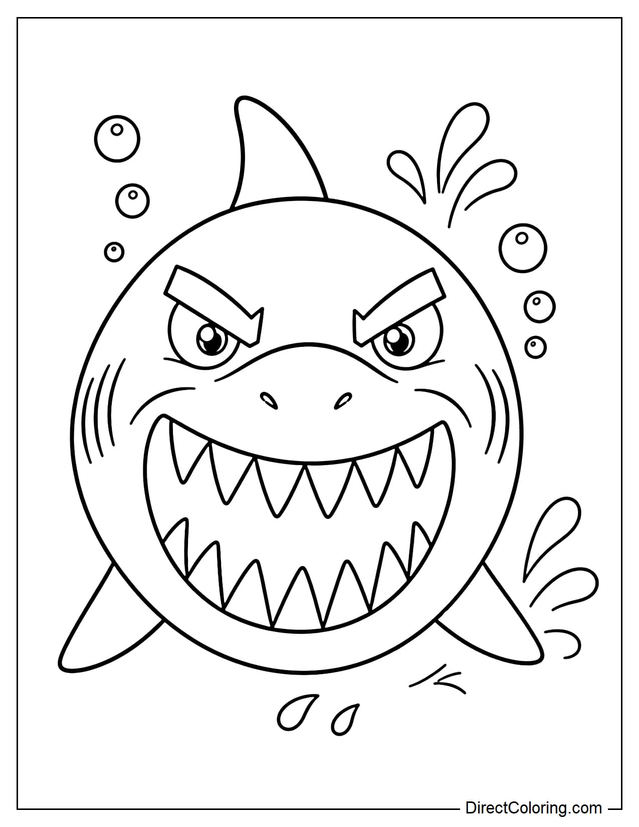 The shark's head with a slightly fierce face, slightly slanted eyes, prominent eyebrows, and a wide-open mouth revealing large teeth, surrounded by streams of water and bubbles.