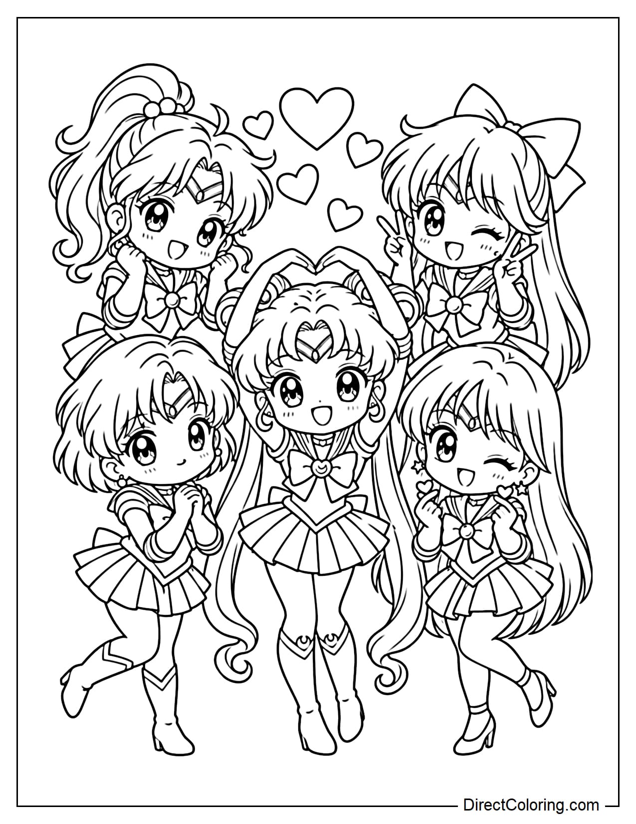 Five chibi Sailor Guardians: Sailor Moon, Sailor Mercury, Sailor Mars, Sailor Jupiter, and Sailor Venus, stand close together in a cute group pose, each making a sweet and playful gesture. Sailor Moon forms a big heart above her head, while the others pose with peace signs, tiny heart fingers, and cheerful hand gestures, creating an adorable and lively team portrait.