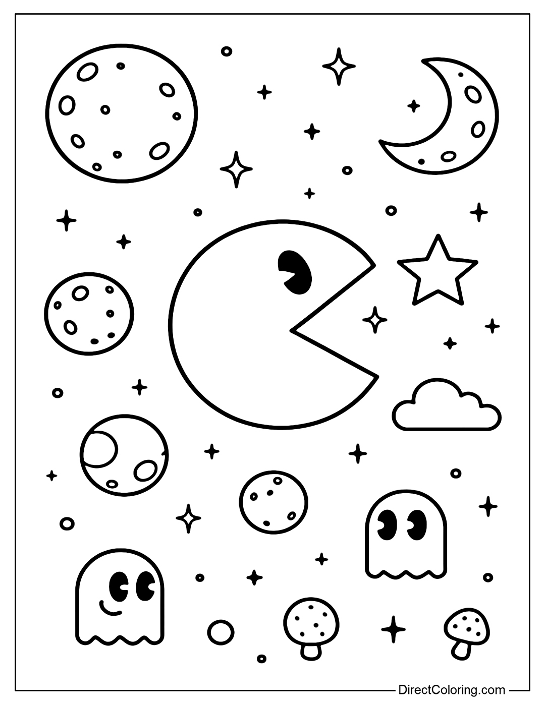 Coloring page of Pac-Man floating in space, eating stars and moons, planets that make up the path.