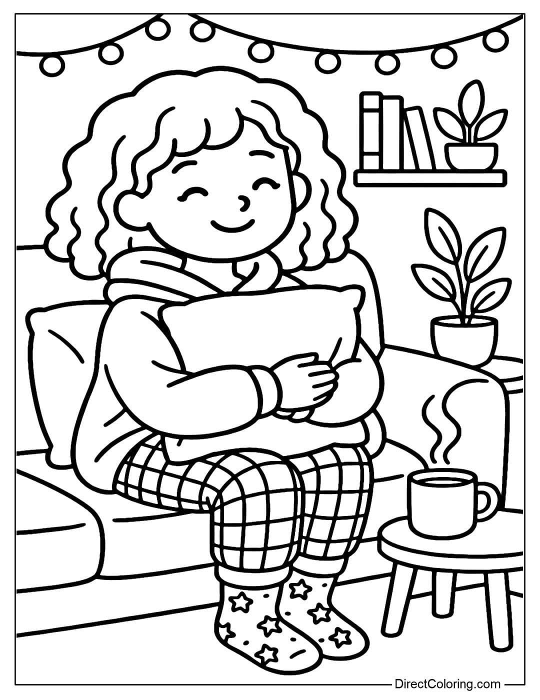 Coloring page of a girl with curly hair, wearing an oversized hoodie, plaid pajama pants, warm socks with star patterns, sitting on the sofa, hugging a large soft pillow.