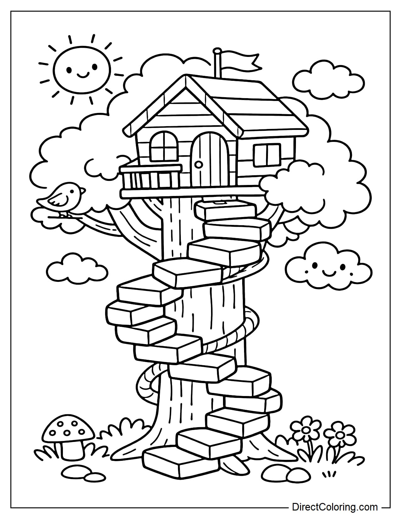 A treehouse with a simple spiral staircase wrapped around the tree trunk leading up to the small house above.