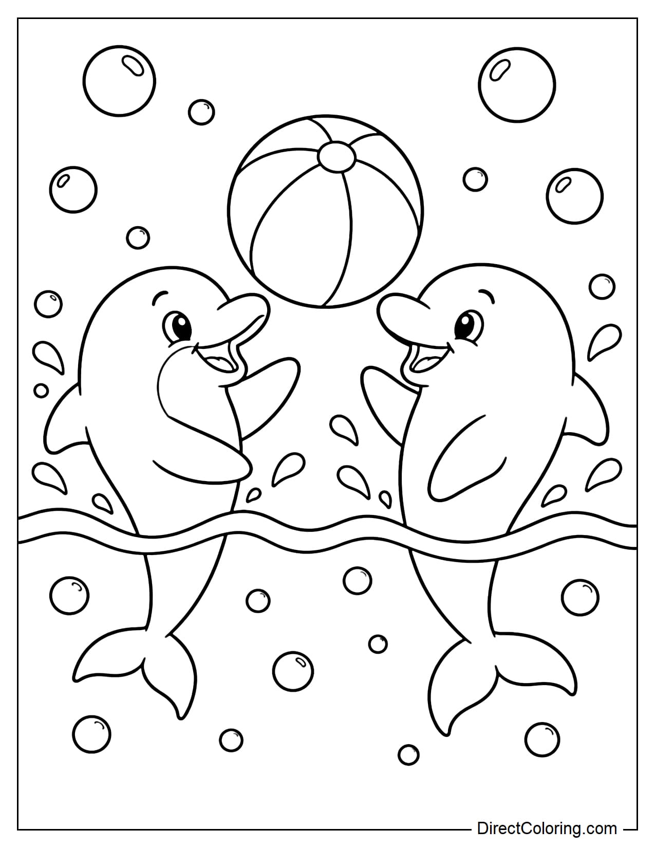 Two cheerful dolphins are playing with a large ball on the water's surface, their heads and upper bodies floating above the sea, their tails underwater, surrounded by splashes of water and large bubbles.