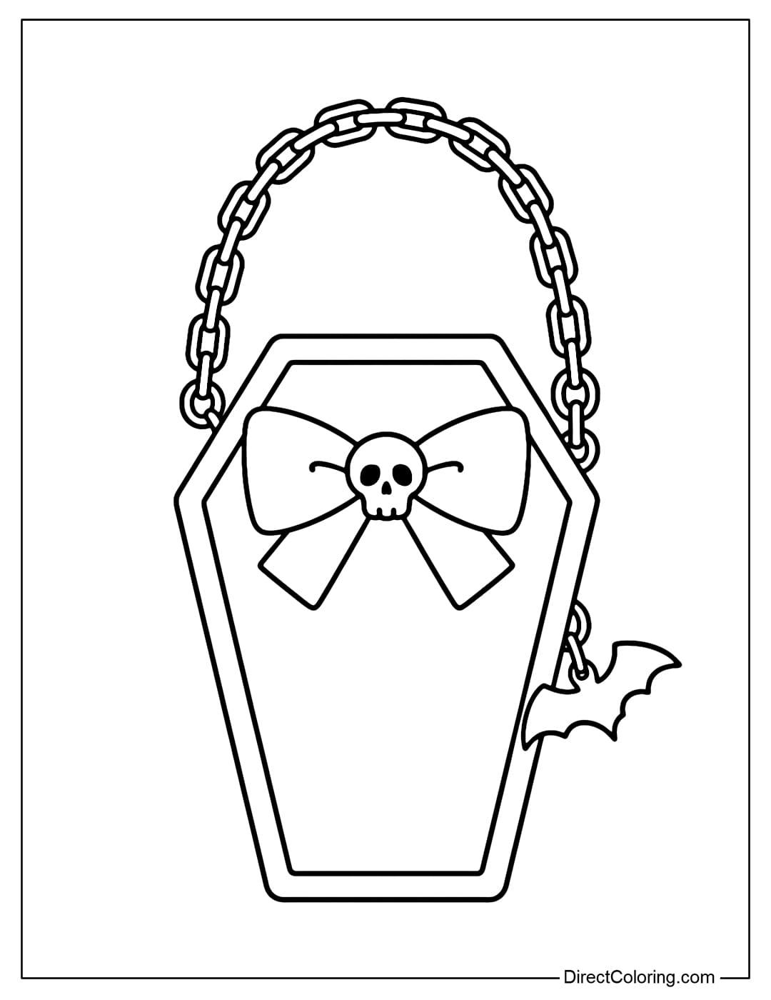 A coffin-shaped handbag coloring page with a bow, a mini skull on the lock, and a chain and a bat charm.