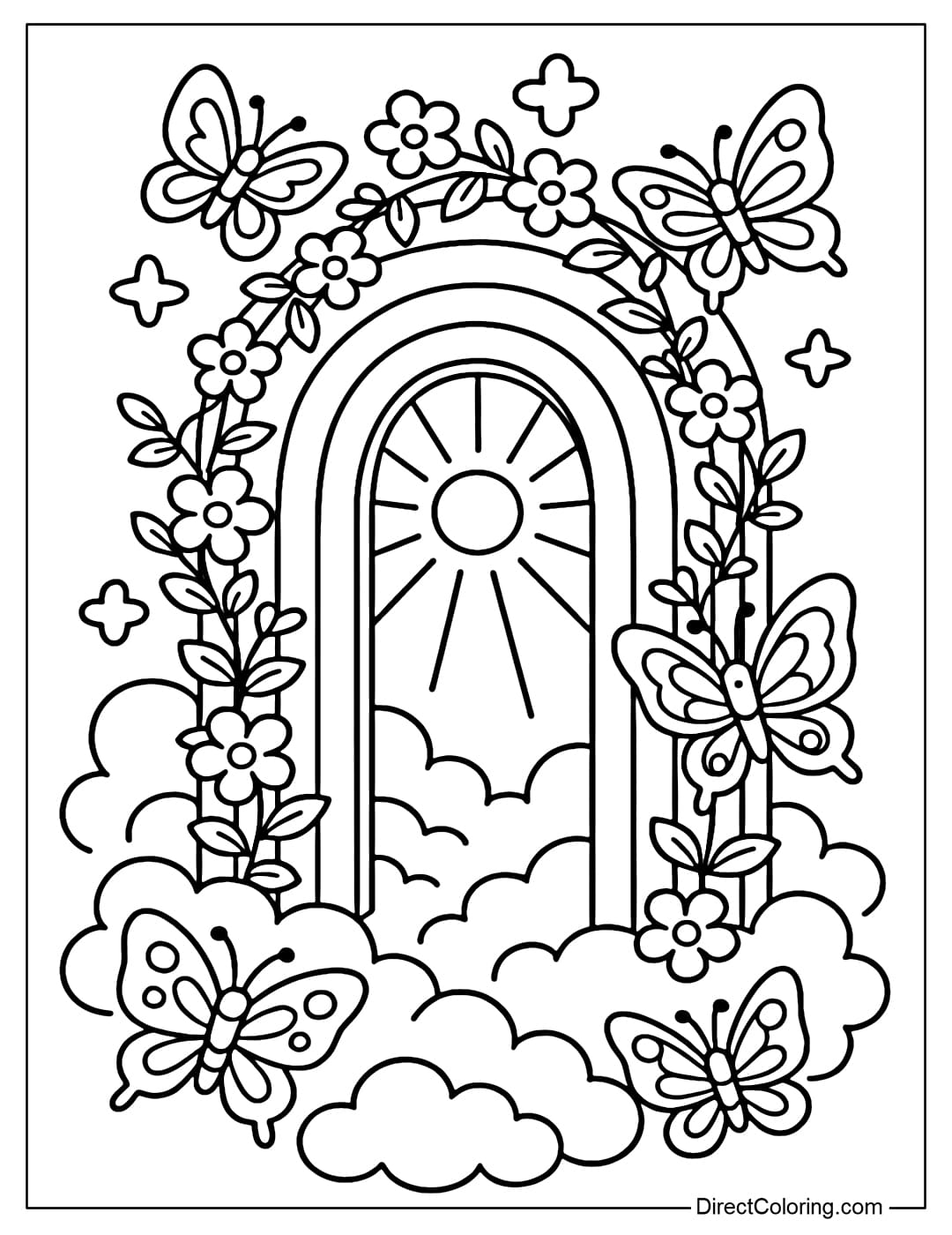 A coloring page of a rainbow archway floating in the clouds, the gate is covered with shining climbing flowers and flying fairies.