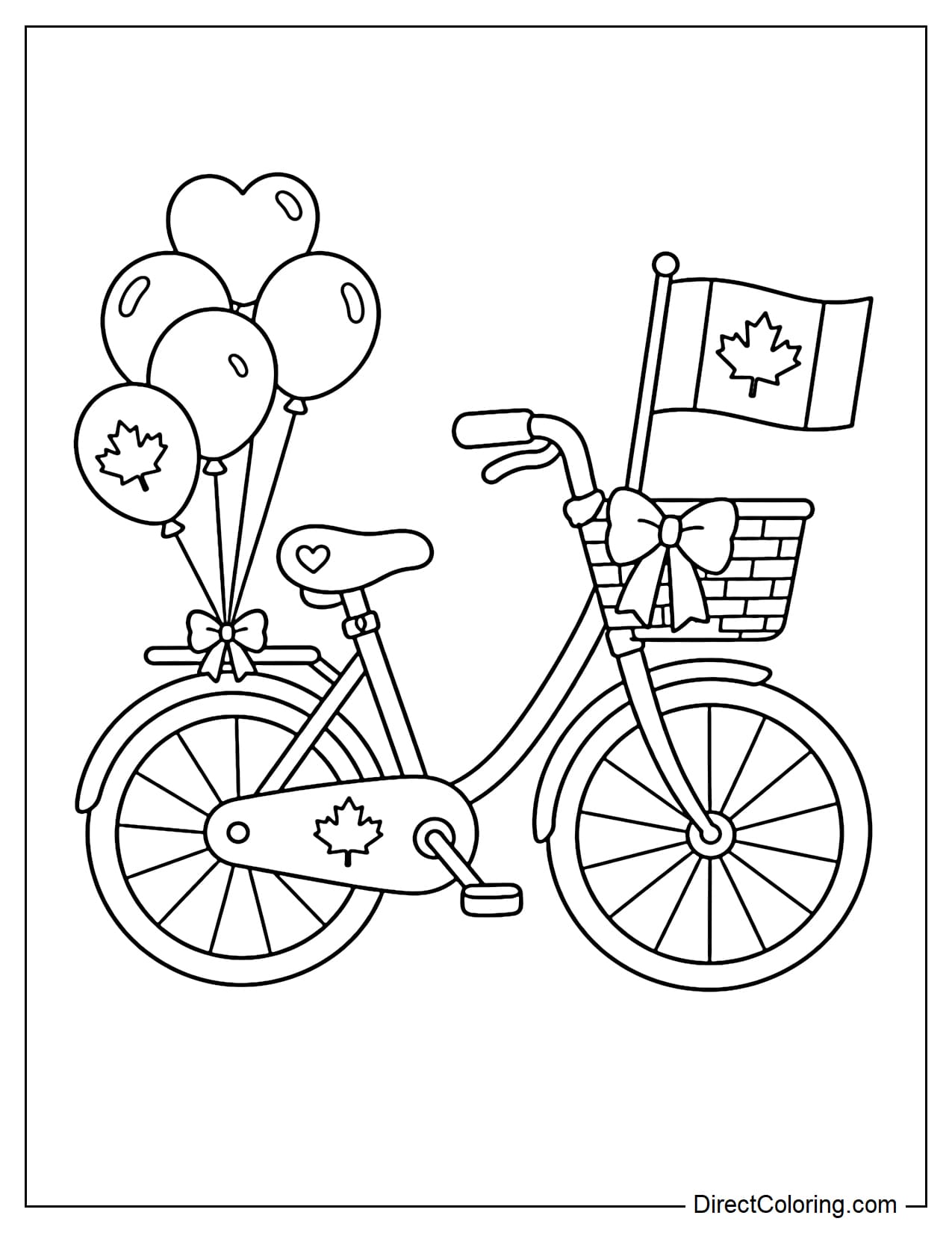 A bicycle decorated with balloons, a Canadian flag, and soft ribbons, ready for the Canada Day parade.