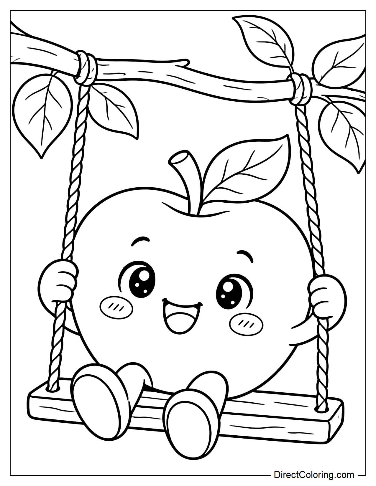 A large cute apple sitting on a small swing hanging from a tree branch above.