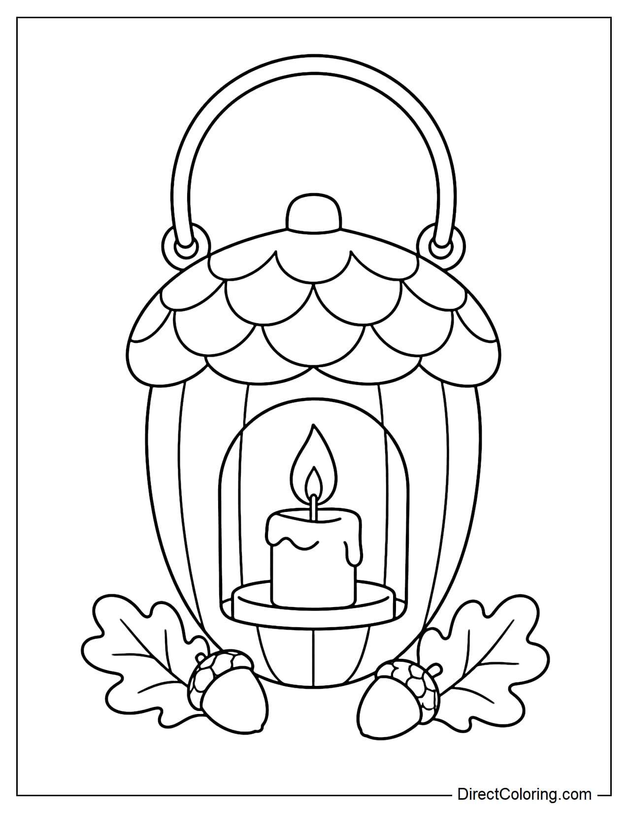 A giant acorn transformed into a lantern, with a large opening in the body revealing a candle inside and a large curved handle attached above the acorn cap. Two oak leaves and two small acorns rest at the base.