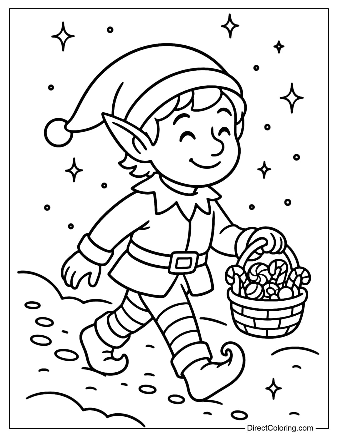 An elf coloring page holding a colorful candy basket, walking on the snow.