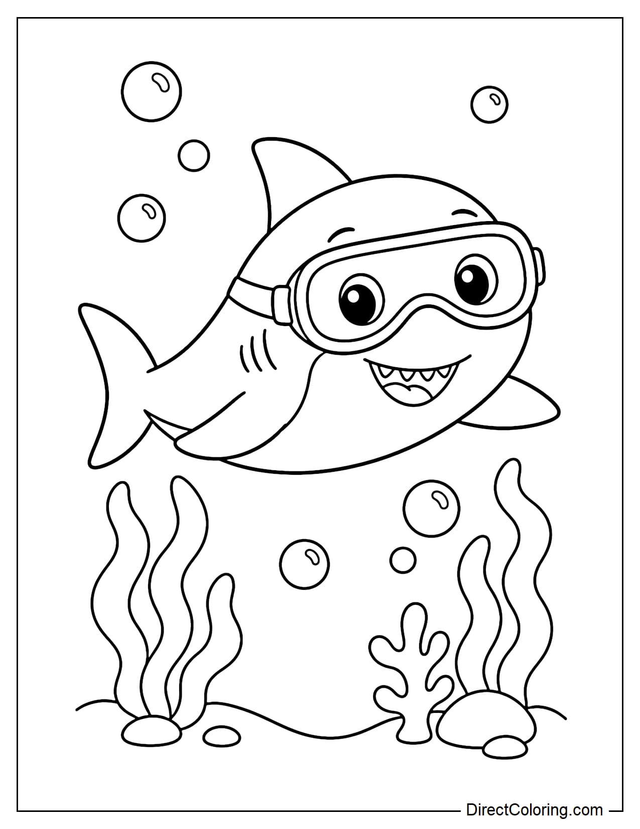A cute shark wearing large swimming goggles, swimming among bubbles and seaweed.