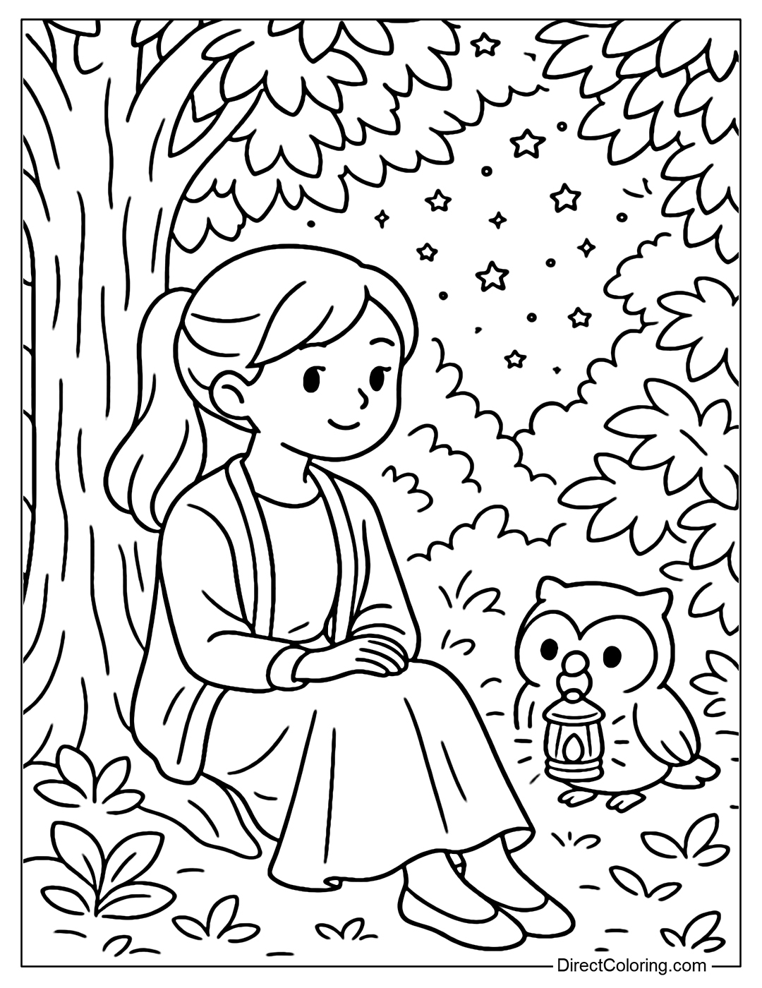 A coloring page of a little girl sitting under a tree, next to her is a cute owl holding a lantern in its beak. Both of them shine in the forest at night.