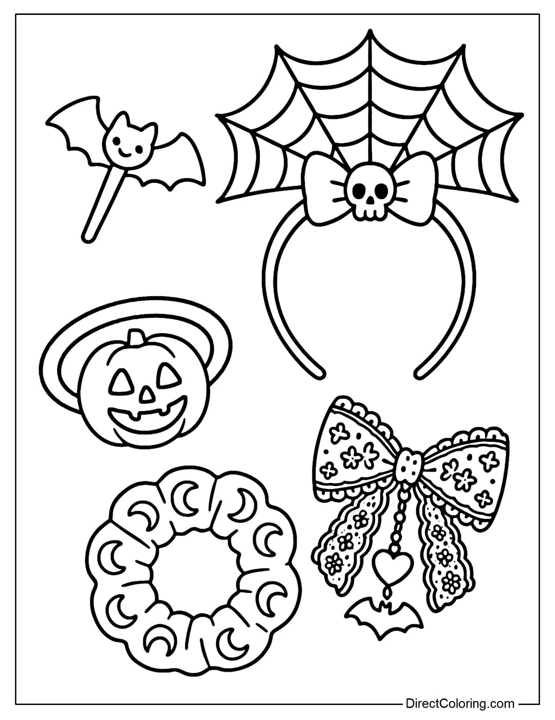 Coloring page for a modern Halloween hair accessory set including a spider web headband, pumpkin hair tie, bat hair clip, crescent moon scrunchie, and a charmed hair bow.