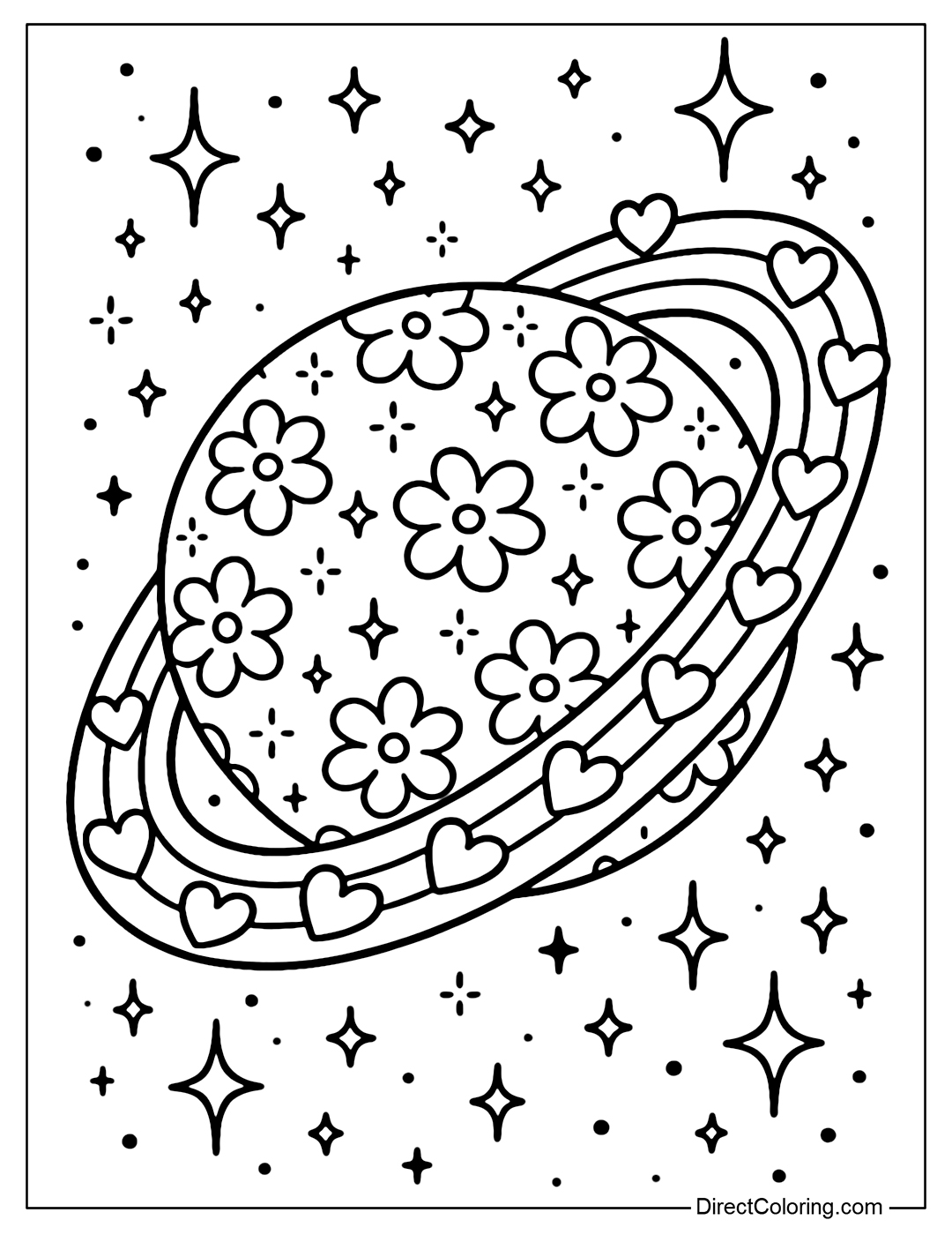 A sweet planet coloring page with a surface covered with colorful soft candy flowers, the candy petals shining like fireflies. The belt is made of heart-shaped candy petals, arranged in a gentle rainbow swirl.