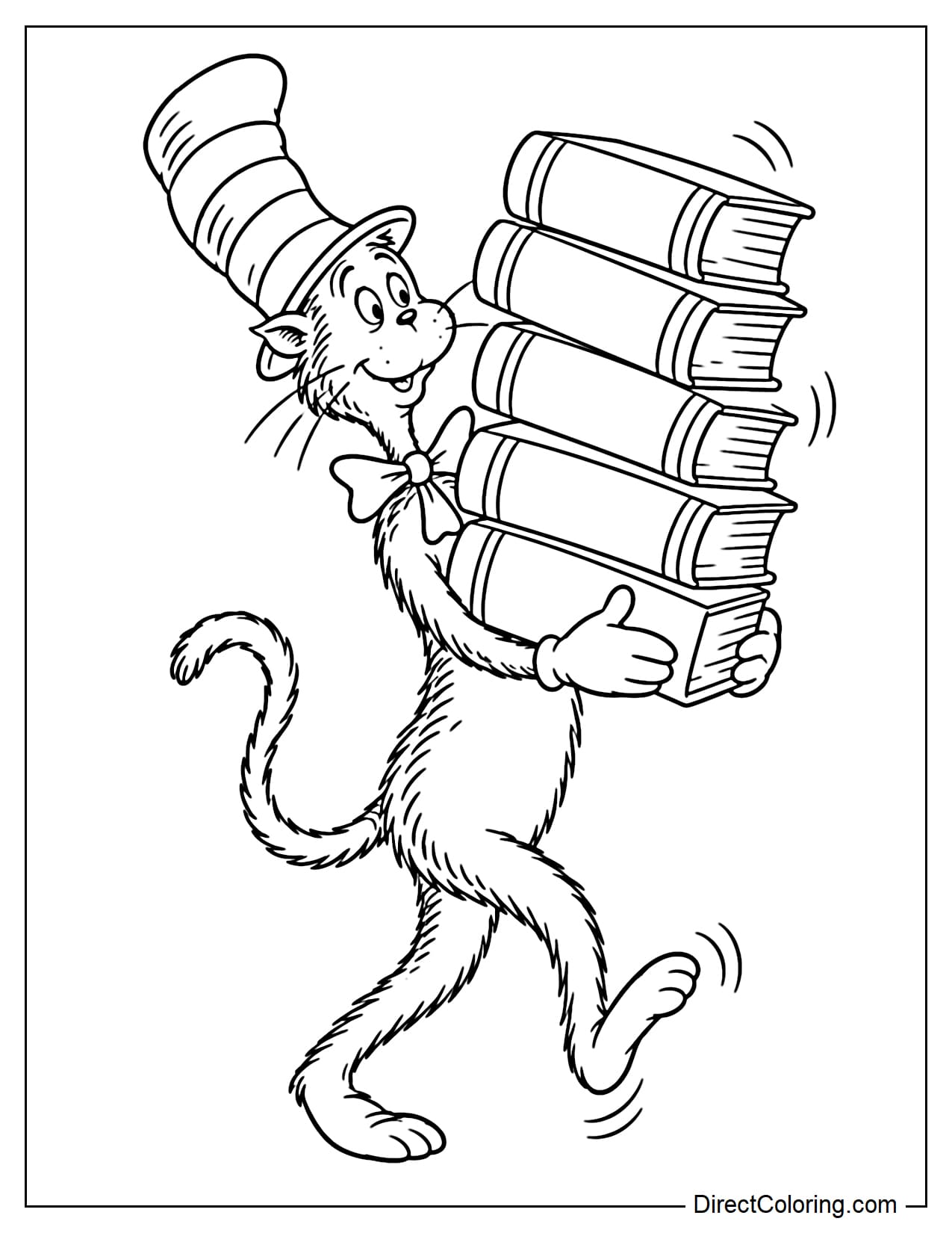The Cat in the Hat tiptoes along while carrying a tall stack of books in front of his chest, with the large books leaning to one side as if they are about to fall.