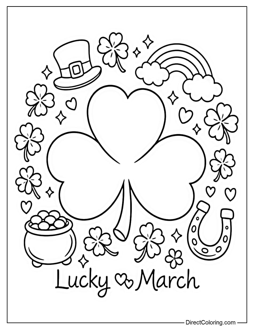 A coloring page of a lucky shamrock with a soft, round shape, surrounded by St. Patrick's Day symbols.