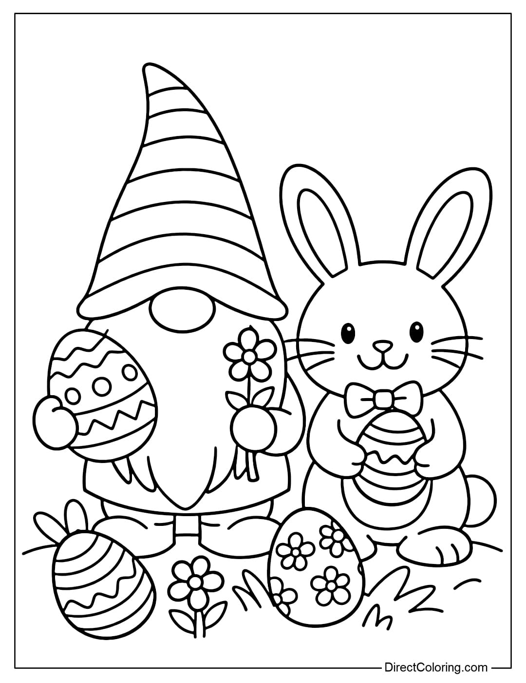 Coloring page of a gnome standing next to a cute Easter bunny with simple large details.
