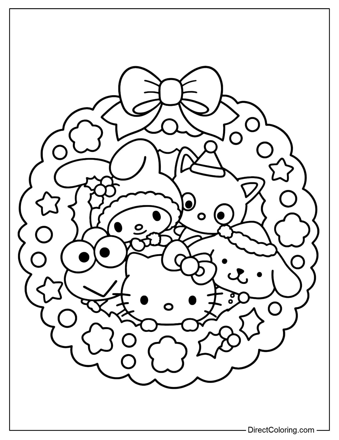 The Christmas wreath coloring page in the middle is the Sanrio characters: Hello Kitty, My Melody, Keroppi, Pompompurin, and Chococat.