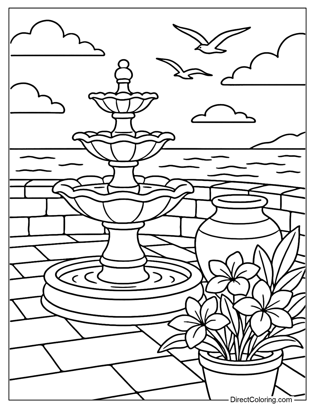 A seaside patio fountain coloring page, a sea-colored glazed jar, tropical flowers, and seagulls flying in the distance