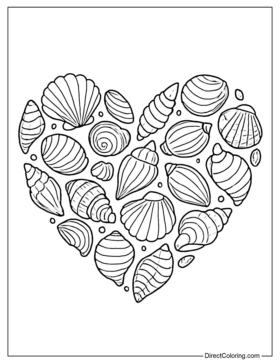 Coloring page with many seashells and snail shells arranged in a heart shape.