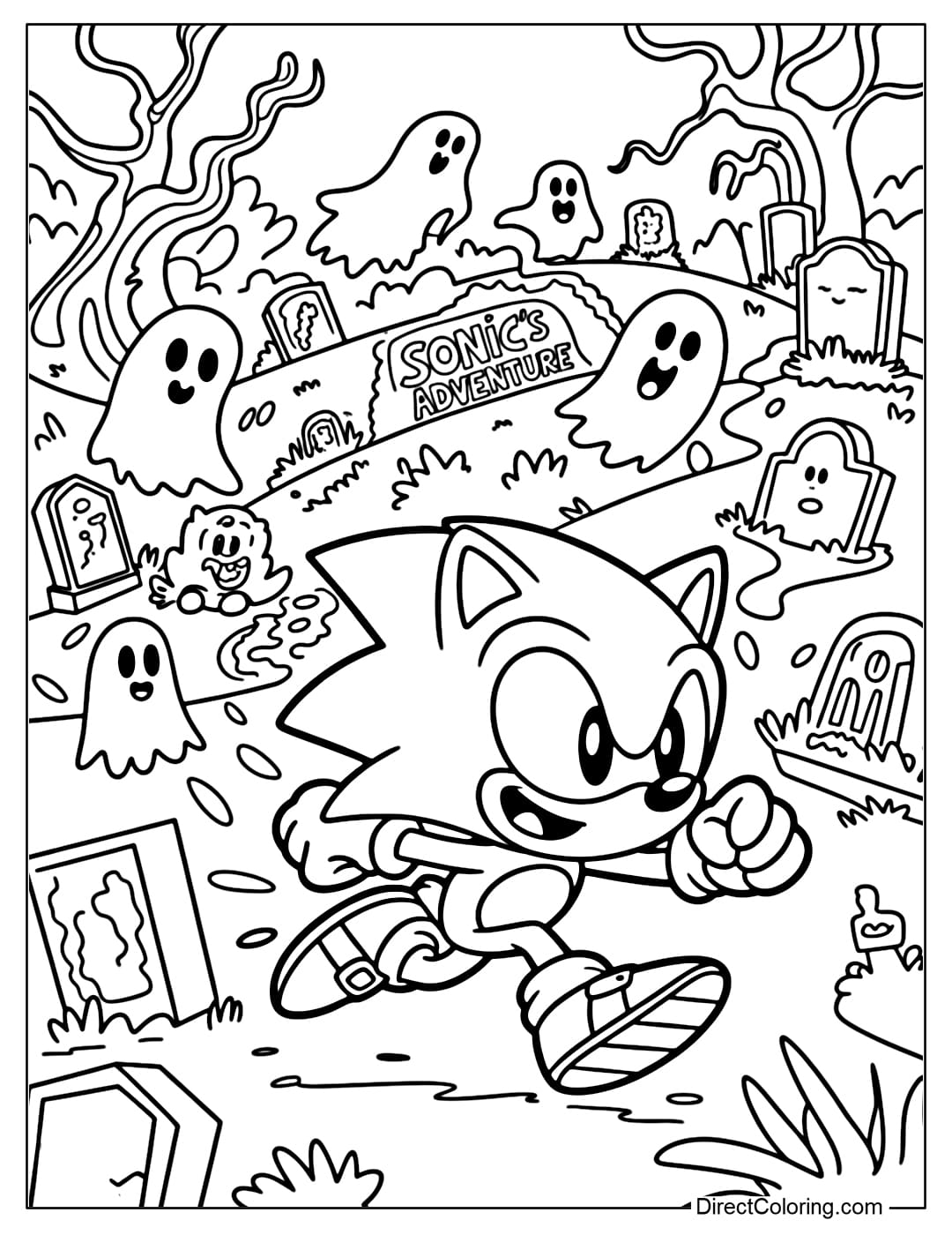 Coloring page of Sonic running through the cute ghosts in the cemetery.