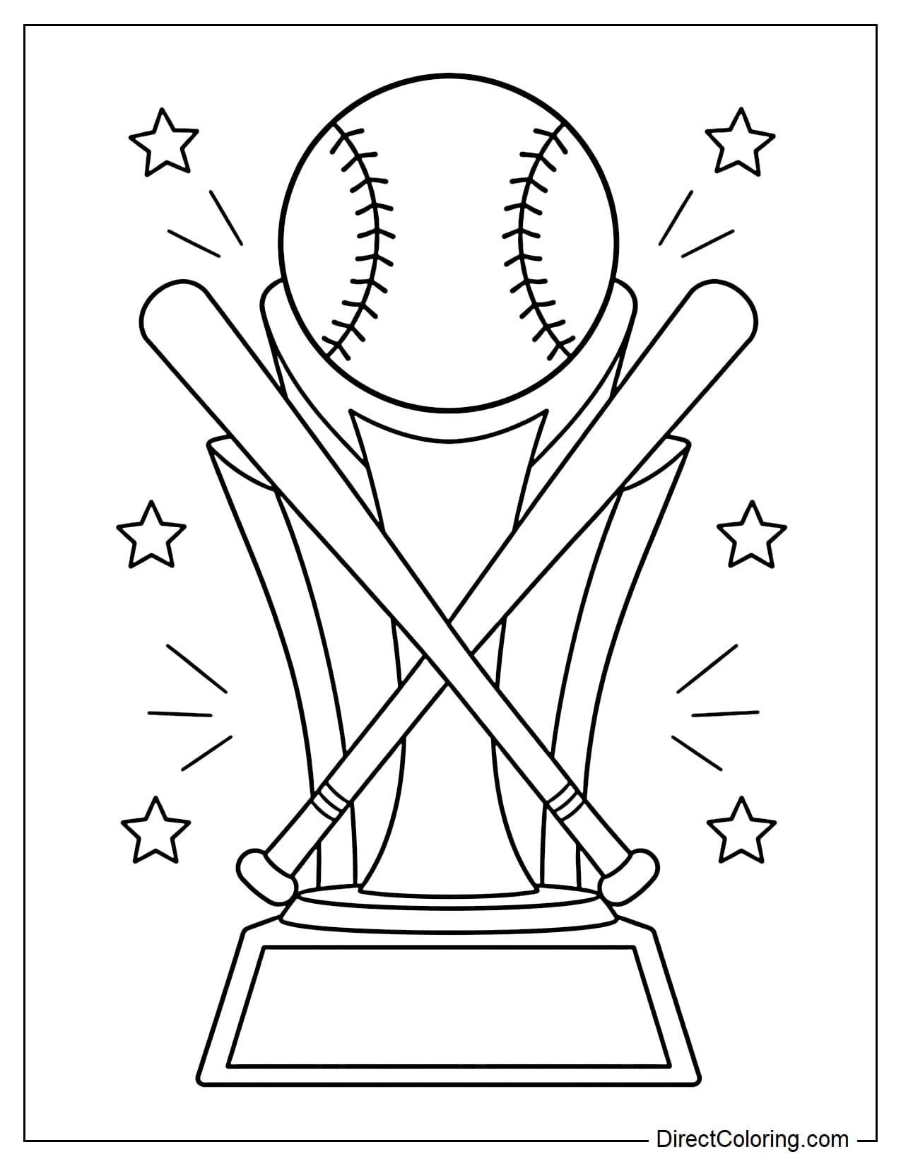 A coloring page of a championship trophy with a baseball on top and two crossed baseball bats.