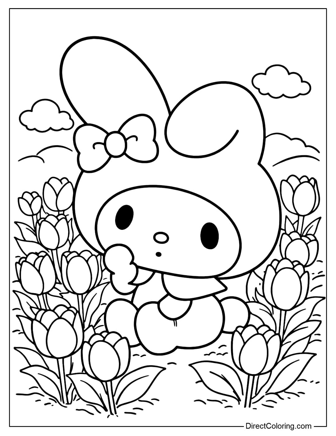 A cute My Melody is sitting in a garden of blooming tulips, creating a feeling of innocence, gentleness, and relaxation.